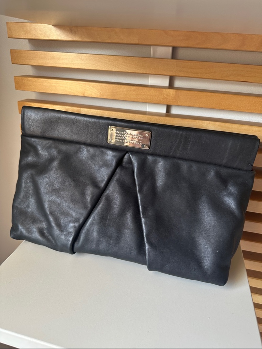 Marc By Marc Jacobs Black Leather Fold-Over Clutch with Gold Plaque